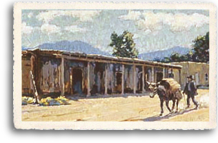 The Kit Carson Home and Museum is one of the most popular tourist attractions in downtown Taos, New Mexico. This vintage postcard depicts the Kit Carson home as it was in the frontier days, with a local man and his burro passing by, perhaps on their way to Taos Plaza.